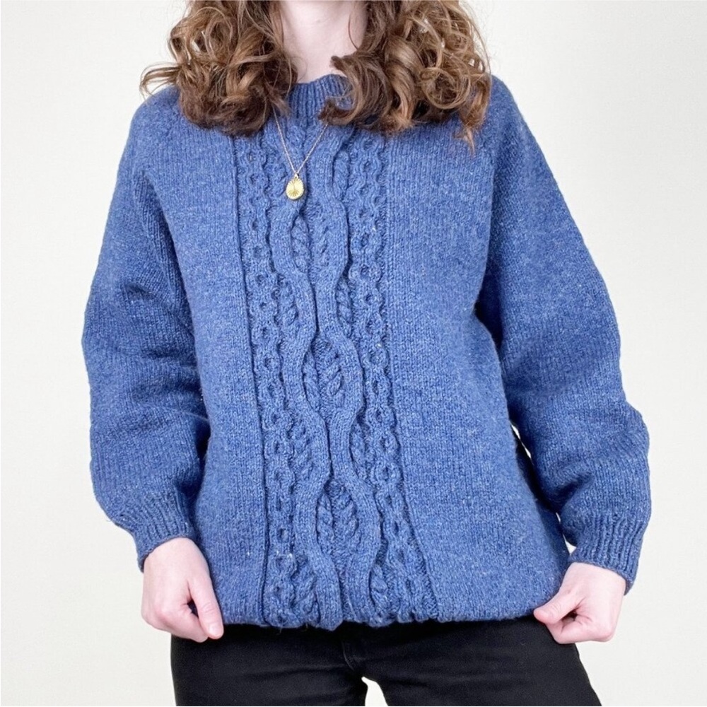 Vintage Aran Blue Wool Cable Knit Sweater